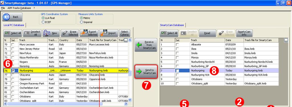 To properly set the track and transmit it to SmartyCam: disable show all laps checkbox (1); scroll all laps and select the one to be considered as track map (2); point the mouse where lap beacon is