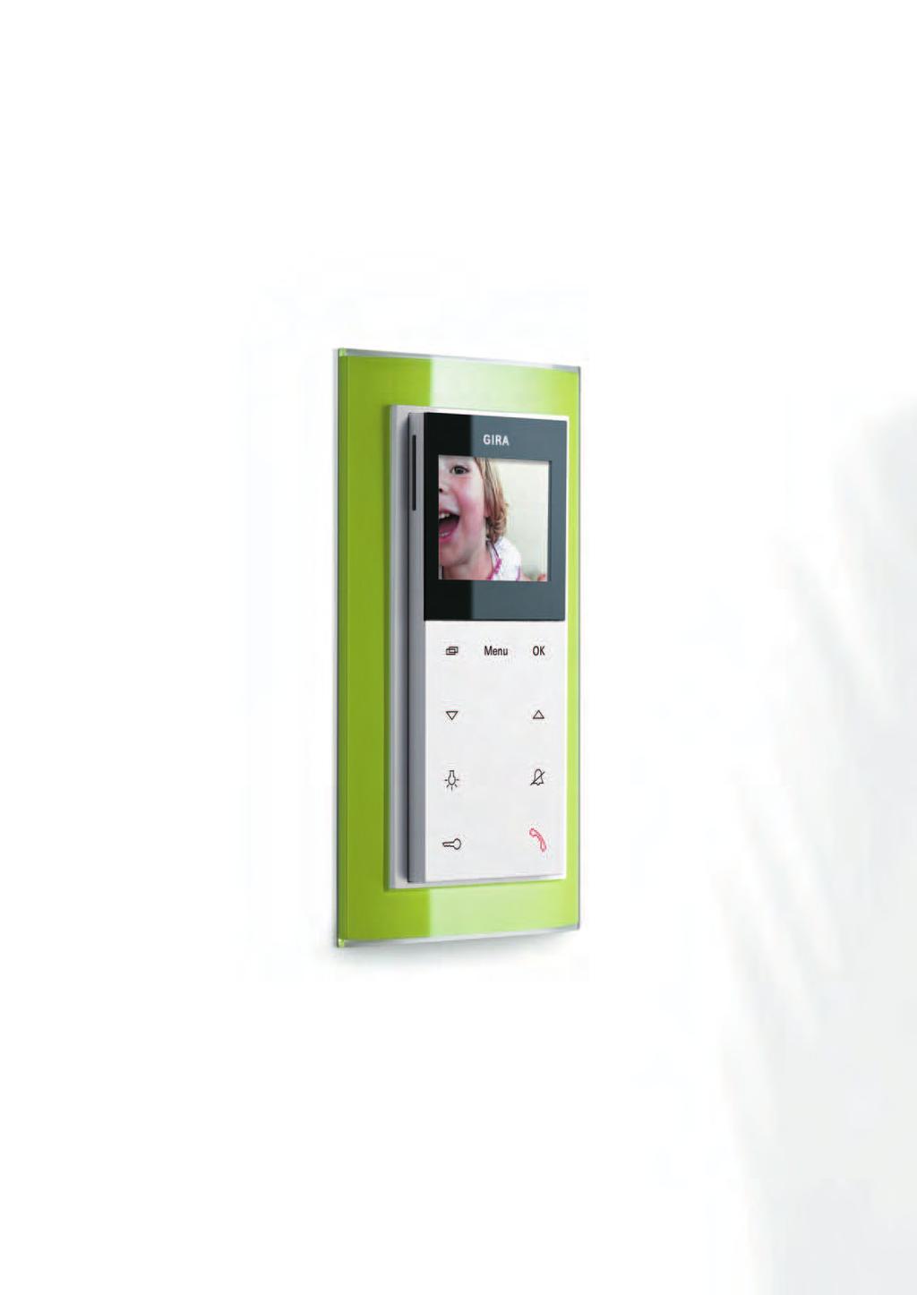 Gira surface-mounted home station video, Gira Event Clear green / pure white 55 127 21 mm. Compact and elegant as never before, in a two-gang cover frame.