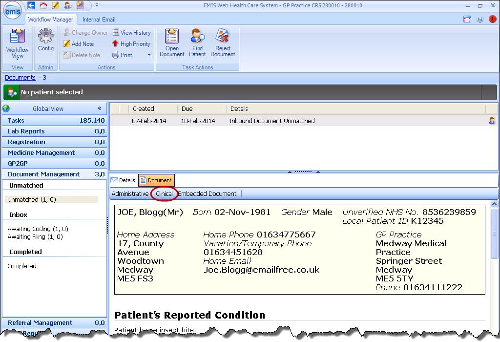 How do I view the NHS 111 clinical data in the report? 1. ccess Document Management. 2. In the navigation pane, select the inbox containing the document with the NHS111 clinical data you want to view.