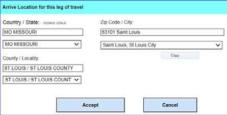 Using the chart below, click the link in the Arrival Location and enter the information. This will be the original location when departed for TDY. In this example the member is returning to St. Louis.