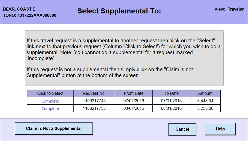 5 The Select Supplemental To page will display, and may list the LT-TDY Beginning or Middle settlements as Incomplete.