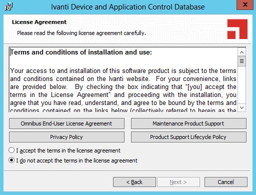 Installing Ivanti Device and Application Control Components 3. From the location where you saved the Ivanti Device and Application Control application software, run the \server\db\db.exe file.
