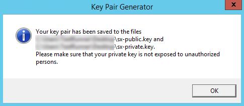 Ivanti Device and Application Control 4. Click Create keys. Step Result: The Key Pair Generator confirmation dialog opens. Figure 8: Key Pair Generator Dialog 5. Click OK.