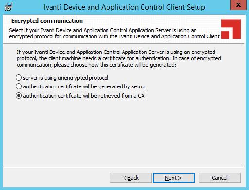 Installing Ivanti Device and Application Control Components 7. Click Next. Step Result: The Encrypted Communication page opens. Figure 30: Encrypted Communication Page 8.