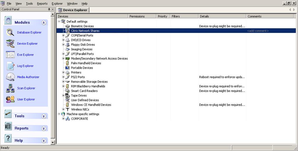 Using Device Control Device Explorer Window An administrator uses the Device Explorer hierarchy to create and manage device and computer user groups, as well as, assign permission rules for online,