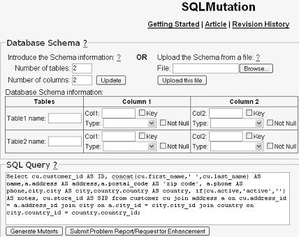Figure 1 - SQL Mutation Online Interface SQLMutation requires the query text be entered along with the schemas for all