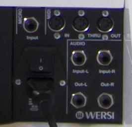 The WERSI Scala and Louvre instruments have the additional Power, Audio and MIDI connections at the bottom right next to their respective pedal boards: Micro : Easy Access Microphone 1 Input.