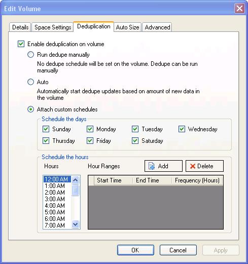 Figure 28) System Manager volume deduplication configuration. 7 Click on the Auto Size tab and ensure that both the Volume autogrow and Snapshot autodelete boxes are checked.