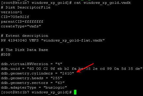 2 CD to the virtual machine directory and view this directory by typing the following commands (shown below): cd /vmfs/volumes/vdi_gold /windows_xp_gold ls l Figure 56) Using FDisk for setting offset