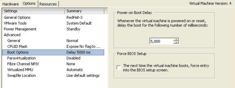 In the VI Client, right-click the VM, then Edit Settings Options Advanced / Boot Options. Figure 66) Using FDisk for setting offset advanced boot options. Note that boot delay is in milliseconds.