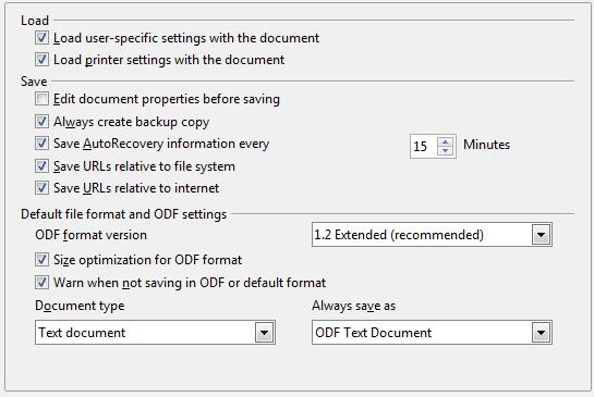 Figure 19: Choosing Load and Save options Load user-specific settings with the document When you save a document, certain settings are saved with it.