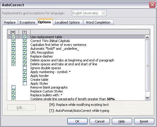 Figure 28: The AutoCorrect dialog in Writer, showing the five tabs and some of the choices Customizing Apache OpenOffice You can customize menus, toolbars, and keyboard shortcuts in OpenOffice.