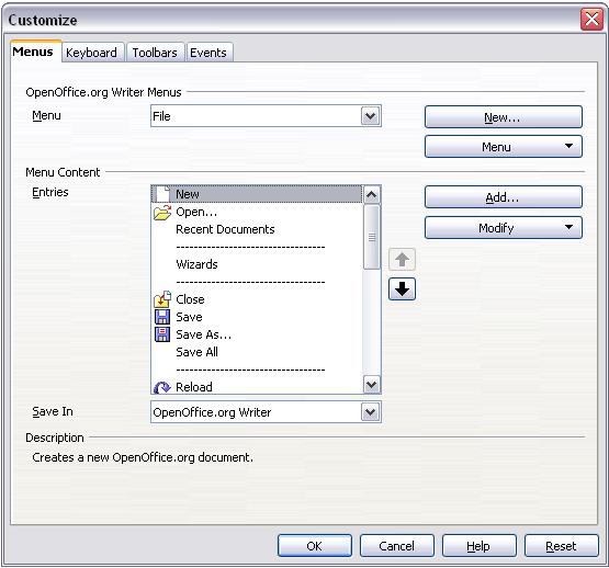 Figure 29. The Menus page of the Customize dialog 4) In the section OpenOffice.