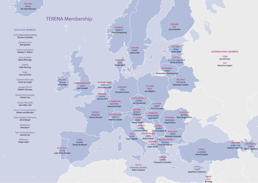 TERENA Membership 41 European NRENs International Members includes: CERN; ESA