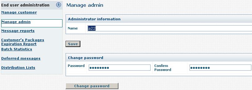 II.2. Changing your Admin name and password In the Manage admin section (see Fig. 8) you can change your login name and password if necessary. Fig. 8. Changing your login name and password.