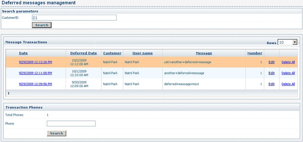 Fig.17. Deferred messages management page. After you click Search, a list of deferred messages appears.