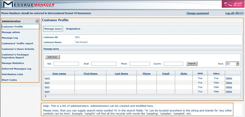 Fig.2. Administration page. The biggest part of the page is taken by the work area, where you can set and control the parameters necessary.
