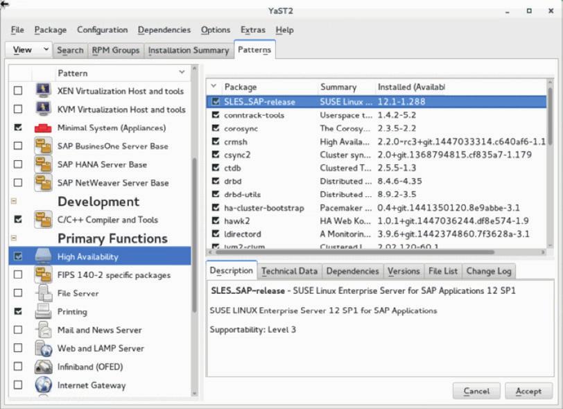 Figure 6: YaST SLES HA components view Alternatively, you can install them from the command line with zypper: Create sbd on a separate lun using the create sdb on a