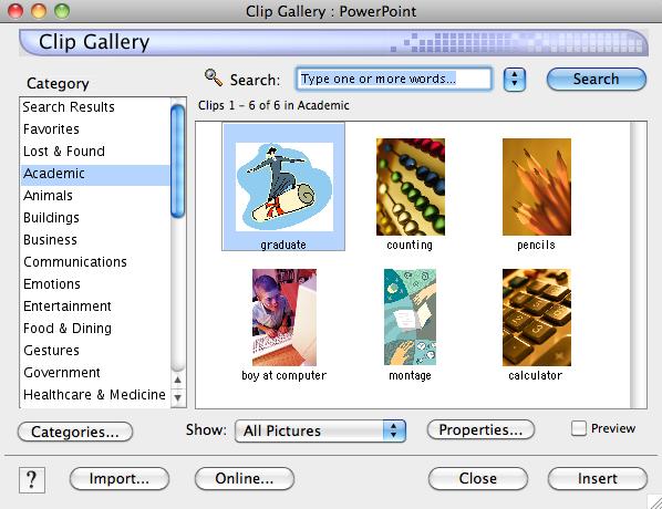 Inserting Clip Art To add clip art to your slide, follow the steps below. 1. From the Home tab, click the Insert a Picture button (see Figure 12). Figure 12 Insert a Picture button 2.