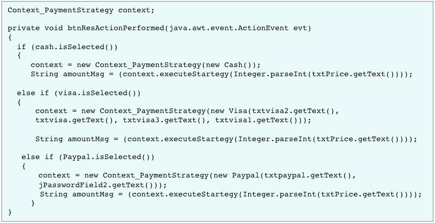 26 To run Strategy pattern and allow the use of different payment strategies, Registration class creates a Context_PaymentStrategy object that use PaymentStrategy interface to call pay() method.