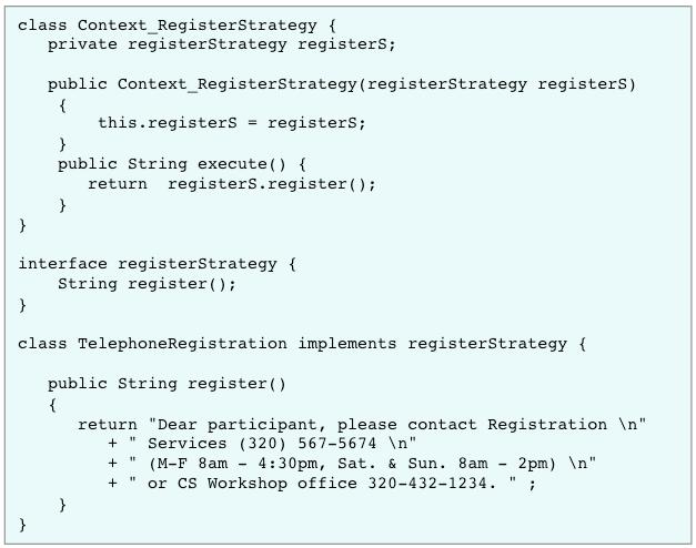 28 Figure 11 Context_RegisterStrategy, registerstrategy and TelephoneRegistration Demo To run the second Strategy pattern used in the application, Registration class creates a