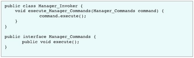 38 Manager_Commands is an interface that is implemented by different concrete command classes, such as AddParticipant, RemoveParticipant, addemployee, and removeemployee.