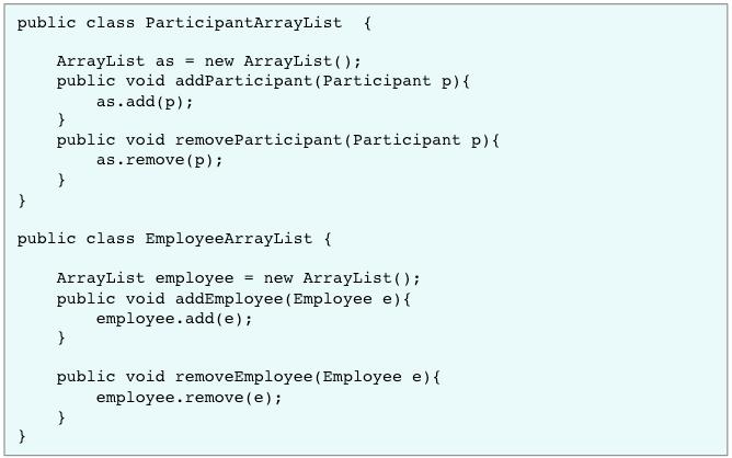 41 Figure 25 ParticipantArrayList and EmployeeArrayList Implementations As it is mentioned before, ManagerPage_participant class is used to run the part that deals with modifying participants.