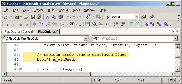 398 Introducing One-Dimensional Arrays and ComboBoxes Tutorial 17 (cont.) Declaring an array of bool values Figure 17.14 bool array that keeps track of displayed flags. 5.