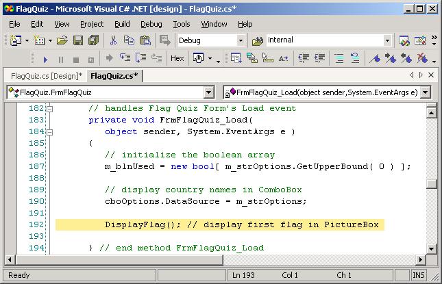 Tutorial 17 Flag Quiz Application 405 (cont.) 6. Displaying a flag when the application is run. When the Form loads, the first flag image in the quiz is displayed.