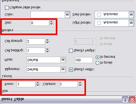 In the Insert Table dialog box, specify one row and two columns.