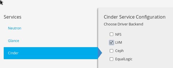 7. Under the Service Configuration screen click on Cinder (left side) Check the LVM option Click Submit 8.