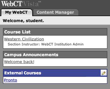 If you are using Blackboard Vista/Campus Edition, the Pronto link may be located in the External Courses area of the My Blackboard (or My