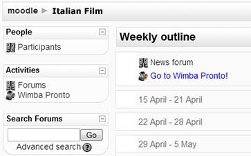 If you are using Moodle, the Wimba Pronto link can either be an activity within a course, or an image within a Block. 3.