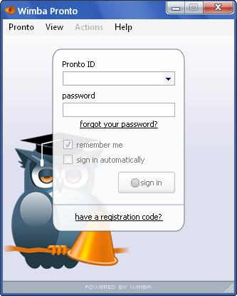 Logging In You log in to the Wimba Pronto client using the Pronto ID and password that you chose when creating your account. Whenever you launch Wimba Pronto, the login window appears.