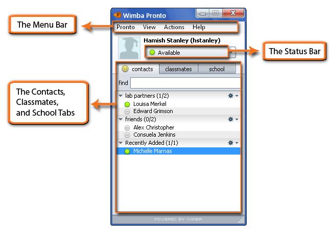 Interface Overview About the Wimba Pronto Interface Wimba Pronto is based around the Wimba Pronto window, from which you manage communication with other users and access the program's more advanced
