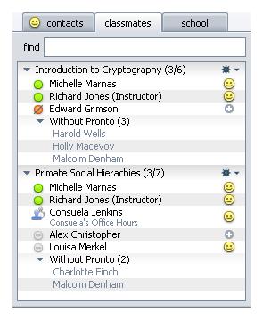 The Classmates Tab The Classmates tab lists all of the Wimba Pronto users who are in your classes.