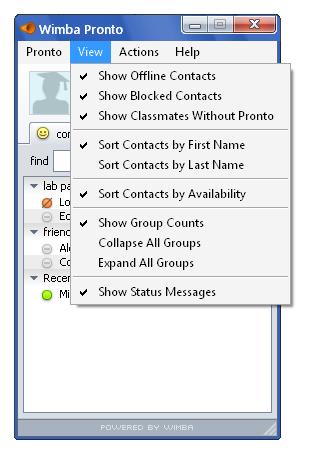 Changing Your Display Settings You can control the way in which users are displayed in the Wimba Pronto window by using the View menu.