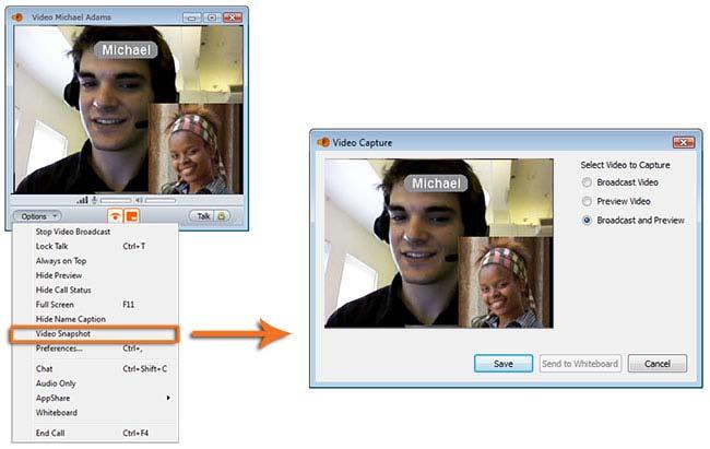 Video Snapshot Video Snapshot allows you to capture a still image from a Video call and either save it to your hard drive, or send it to an open Whiteboard session.