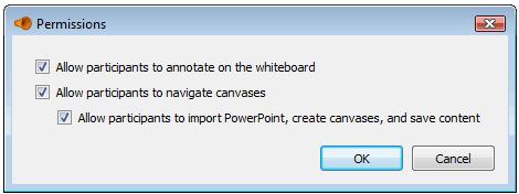 Whiteboard Permissions If a Whiteboard session is started from a Group Chat, Office Hours, or a Help Desk, the session's host can control the Whiteboard permissions for other participants.