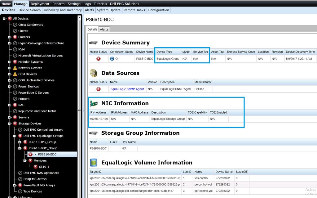 Figure 13 Dell EMC EqualLogic Group Device Inventory Member Device Tables and Data The following tables will be displayed as part of the inventory details page for the EqualLogic member device: