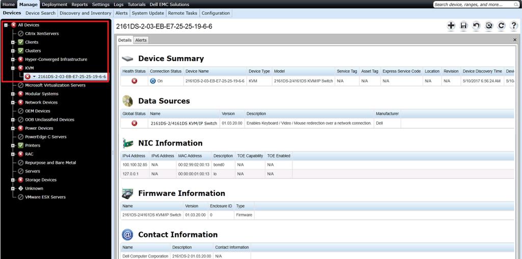 3.12 KVM KVM devices are classified under All Devices KVM in the device tree. You can click the discovered device to see all the inventoried tables as shown in the following screen shot.