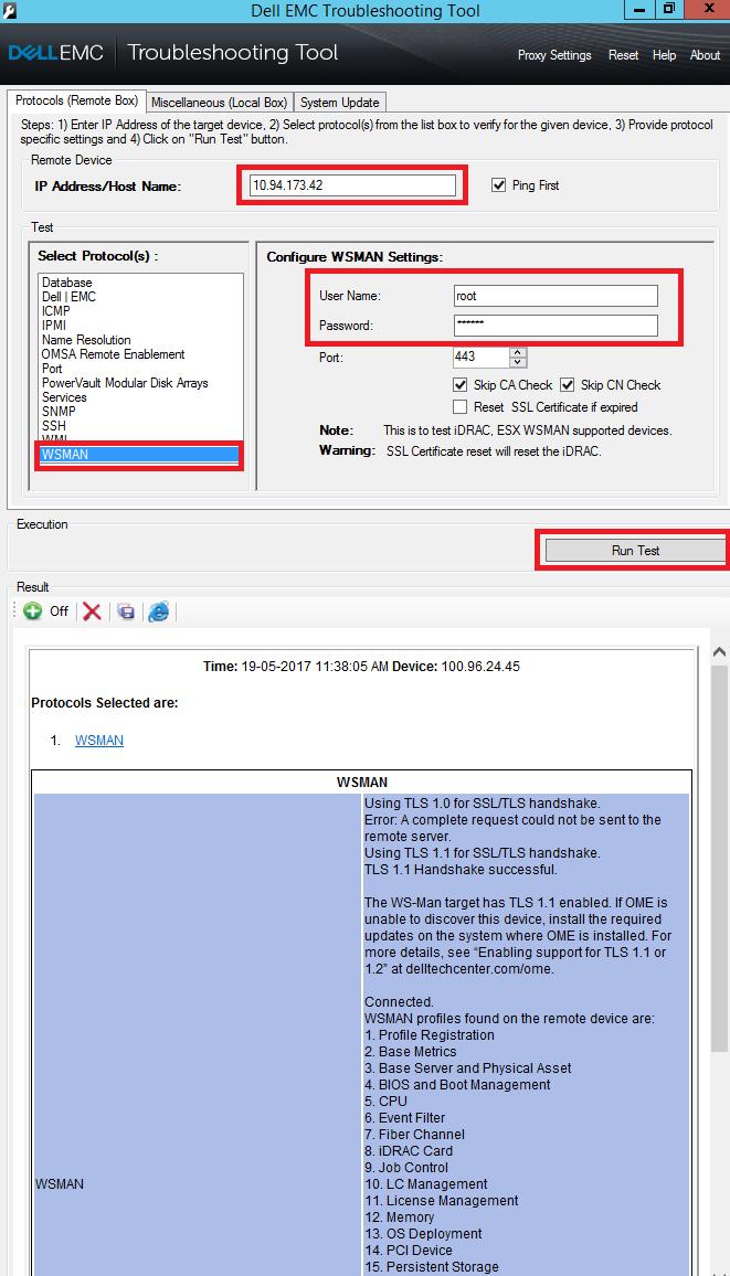 Figure 1 Troubleshooting Tool: WS-Man Test for Dell