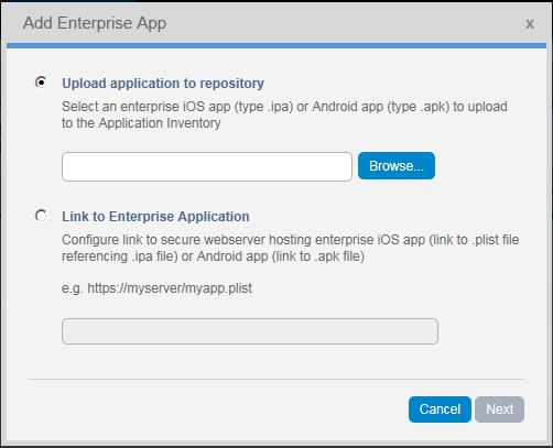 Add Enterprise Applications to System Inventory 1. In DMM, click Apps & Data then click Mobile Inventory. 2. Click Add Enterprise Apps to open the Add Enterprise App window. 3.