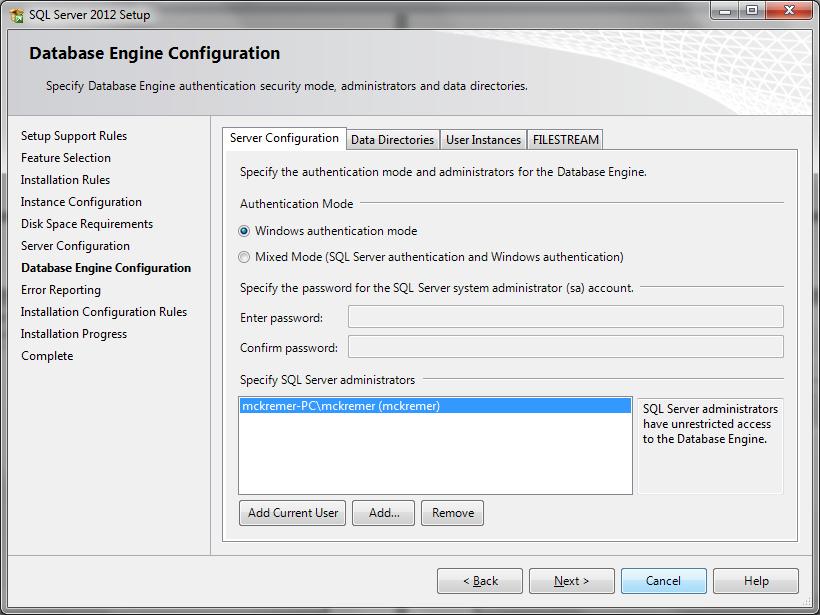 10. On the Database Engine Configuration page, you can either leave it configured to use Windows Authentication Mode only or Mixed Mode (SQL Server authentication and Windows authentication).