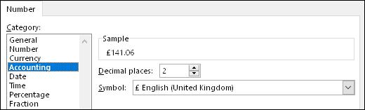 9. Right click the selection and select [Number Format ] menu, click Accounting in the Category group. In the Symbol drop down scroll down and select English (United Kingdom), then click OK button.