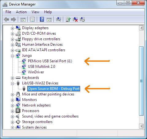 19 Open Source BDM Debug Port in the section LibUSB-Win32 Devices PEMicro USB Serial Port (i1) in the section Jungo Figure 9: Windows Device Manager showing USB connections to XL_STAR board 4.5.