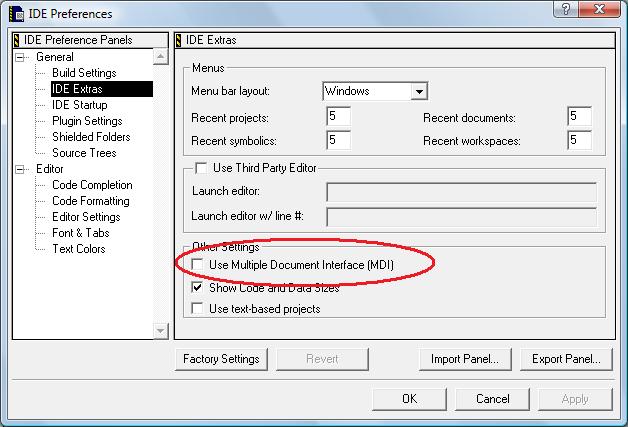24 Figure 12: Turning off MDI mode 5.4. The CodeWarrior Project window All development work in CodeWarrior requires the creation of a Project which specifies which source files and libraries are required to build a specific executable.