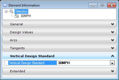 Superelevation Preferences 4. At the bottom of the Horizontal dialog, select 30MPH from the Vertical Standard Design List. 5. Close the DGNLib.