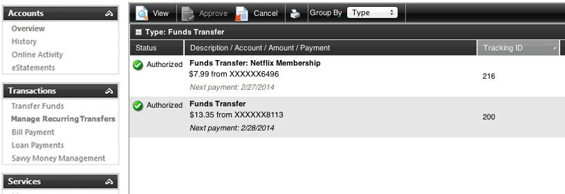 Begin just as you would with a One-Time Transfer, and select Transfer Funds from the Transactions menu.