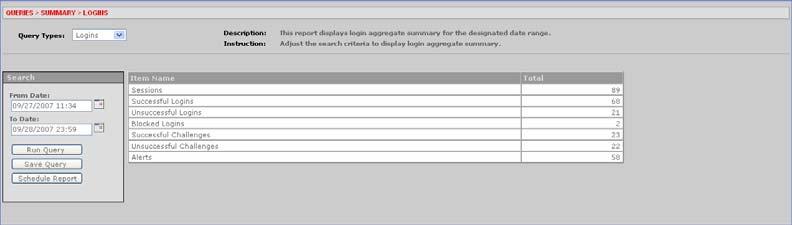 To run a query on summaries 1. Click Summary on the Queries menu. The query page on summaries appears and defaults to an aggregate summary of logins by date range. 2.